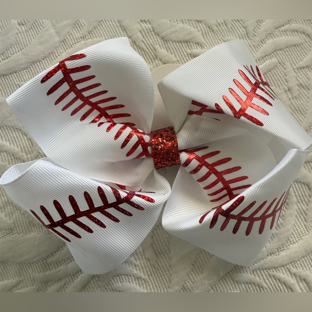 White and Red Baseball Hair Bow